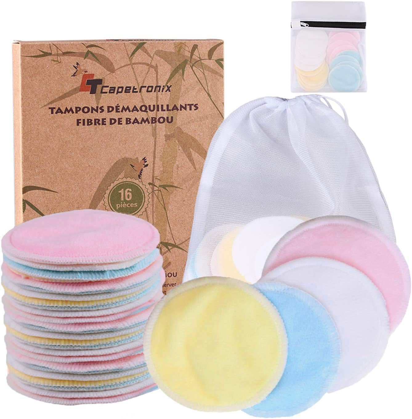 Eco-Friendly Reusable Makeup Remover Pads | Organic Bamboo Fiber & Cotton Rounds | Zero Waste Washable Pads for All Skin Types | Includes 1 Laundry Bag & 1 Storage Bag | Set of 16 Pieces